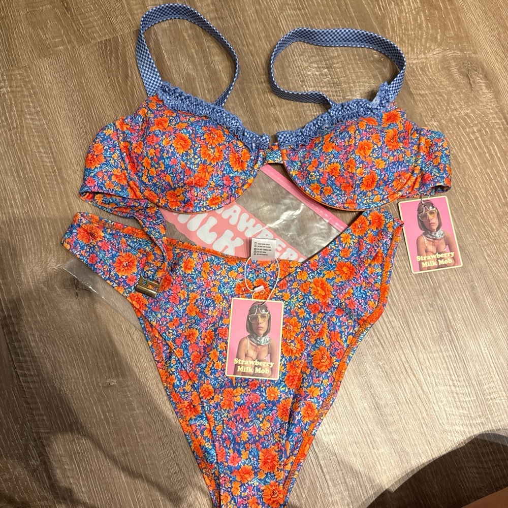 Strawberry Milk Mob Blue and Orange Floral Kids One Piece